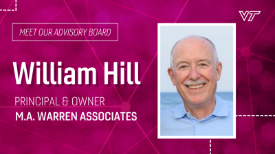 Decorative photo of Will Hill with text that reads, "Meet our Advisory Board: William Hill, principal and owner of M.A. Warren Associates."