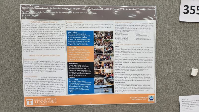 Research poster that reads, "Observations and outcomes in the transfer success co-design in engineering disciplines (TranSCEnD) Program a the University of Tennessee, Knoxville."