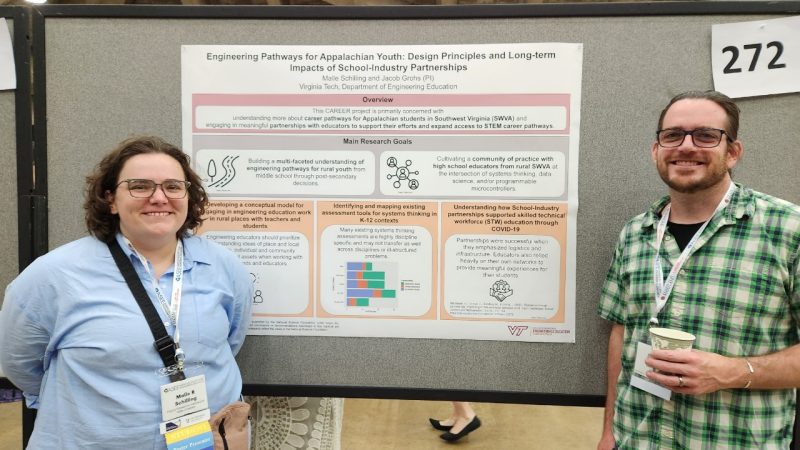 Malle Schilling and Jake Grohs stand in front of their research.