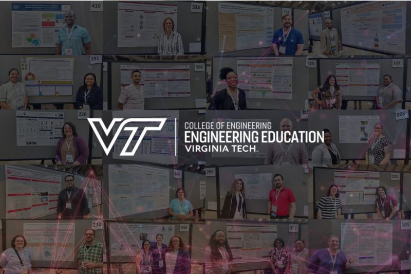 Virginia Tech logo over a black background, over a collection of photos of poster sessions from ASEE.