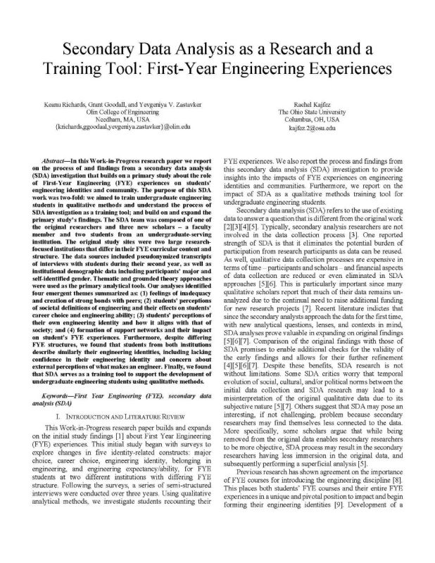 First page of the "Secondary data analysis as a research and a training tool: First-year engineering experiences" paper